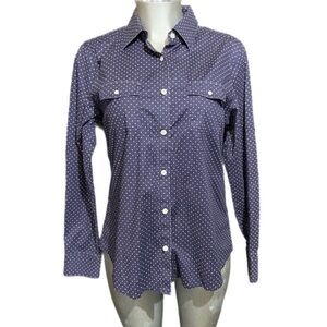 L.L. Bean Polka Dot Shirt Long Sleeve Preppy Navy Blue White Stretch Size Large